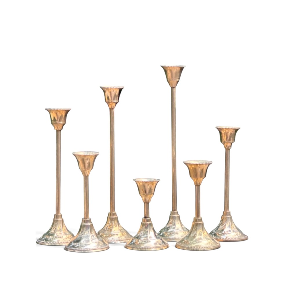 Vintage Brass Candlestick Set Graduated Heights Beaded Detail 7 Piece Gold